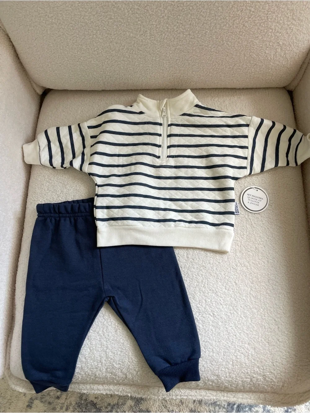 New Badgley Mishka White and Navy Striped Quarter-Zip Set 6-9M Baby Boy